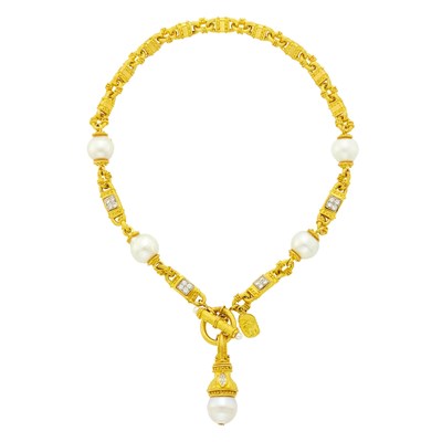 Lot 1083 - Nerso High Karat Gold, South Sea Semi-Baroque Cultured Pearl and Diamond Pendant Toggle Necklace
