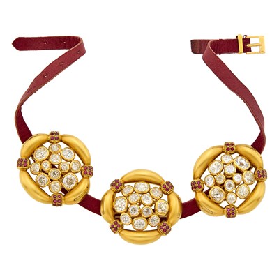 Lot 217 - René Boivin Three Gold, Diamond and Ruby Pendant Clip-Brooches, France, with Two Suede Necklaces