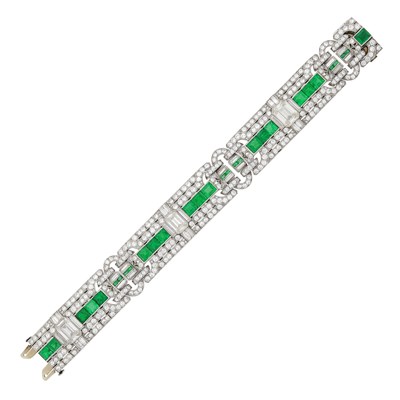 Lot 159 - Platinum, Diamond and Emerald Bracelet