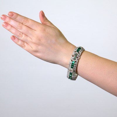 Lot 159 - Platinum, Diamond and Emerald Bracelet