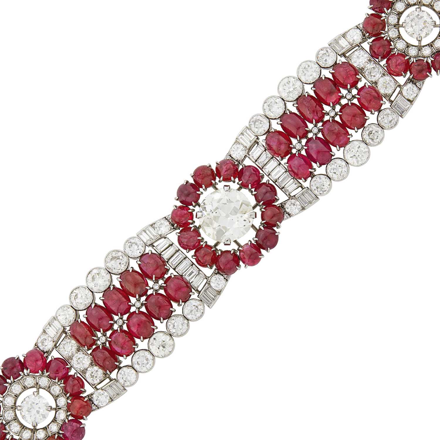 Lot 226 - Wide Platinum, Diamond and Cabochon Ruby Bracelet