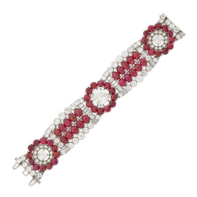 Lot 226 - Wide Platinum, Diamond and Cabochon Ruby Bracelet