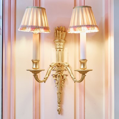 Lot 319 - Two Pairs of Louis XVI Style Gilt Metal Two-Light Sconces and a Pair of Giltwood Brackets