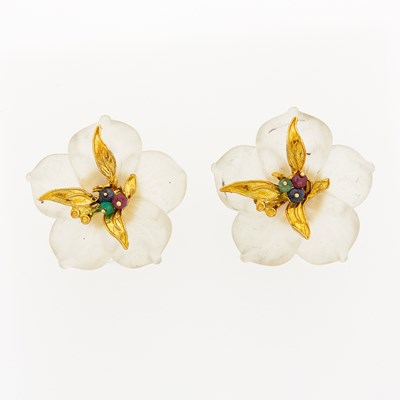 Lot 2091 - Pair of Gold, Carved Frosted Rock Crystal and Colored Stone Bead Flower Earrings