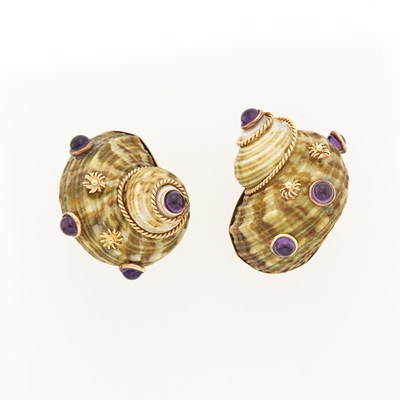 Lot 2035 - Maz Pair of Gold, Shell and Cabochon Amethyst Earclips