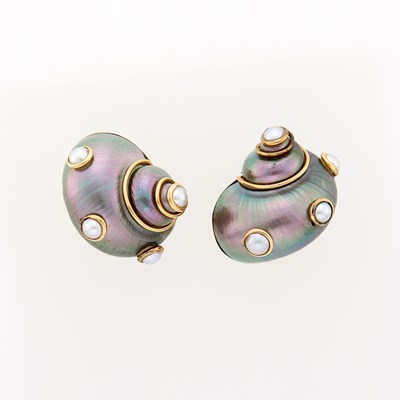 Lot 2033 - Maz Pair of Gold, Gray Shell and Cultured Pearl Earclips