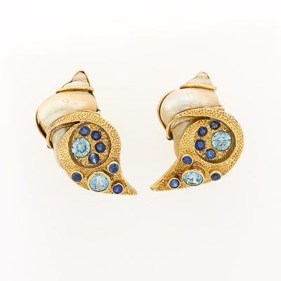 Lot 2083 - Pair of Gold, Shell, Blue Topaz and Sapphire Earclips