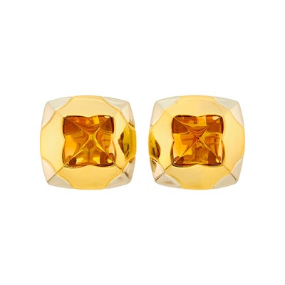 Lot 28 - Bulgari Pair of Two-Color Gold and Citrine 'Pyaramid' Earrings