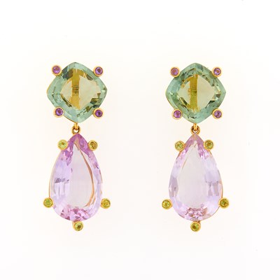 Lot 2039 - Pair of Gold, Amethyst, Prasiolite and Peridot Pendant-Earrings