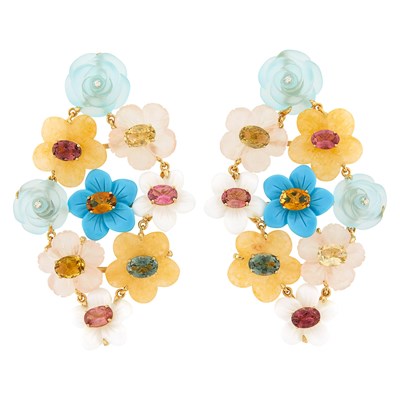 Lot 2037 - Pair of Gold, Carved Hardstone Flower and Gem-Set Pendant-Earrings