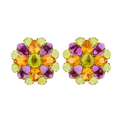 Lot 18 - Pair of Gold, Cabochon Peridot and Amethyst, Citrine and Diamond Earrings