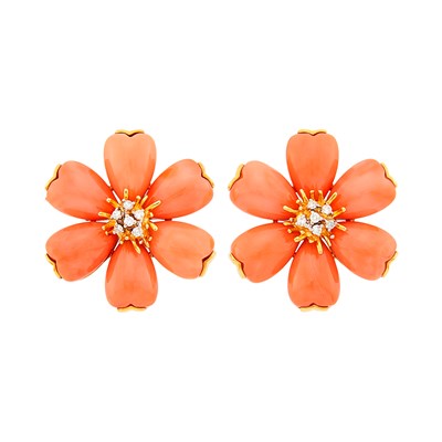 Lot 15 - Pair of Gold, Coral and Diamond Flower Earclips