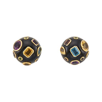 Lot 2019 - Pair of Gold, Black Onyx and Gem-Set Dome Earrings