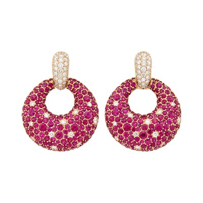 Lot 112 - Pair of Rose Gold, Ruby and Diamond Door Knocker Earrings