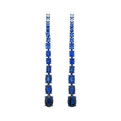 Lot 106 - Pair of Blue Electroplated Gold, Sapphire and Diamond Pendant-Earrings