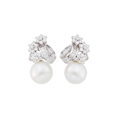 Lot 1041 - Pair of White Gold, South Sea Cultured Pearl and Diamond Earrings