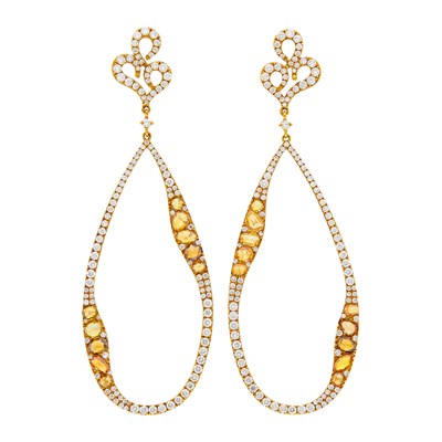 Lot 67 - Pair of Gold, Colored Diamond and Diamond Pendant-Earrings