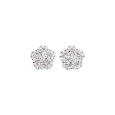 Lot 1129 - Pair of White Gold and Diamond Flower Earrings