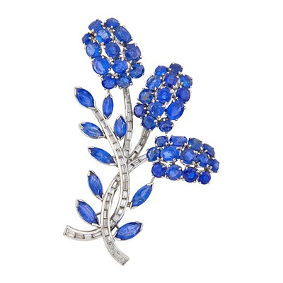 Lot 1126 - White Gold, Sapphire and Diamond Flower Clip-Brooch