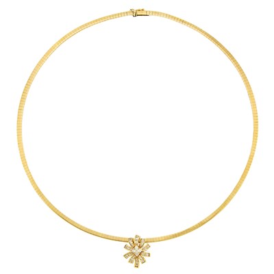 Lot 1296 - Gold Omega Chain with Gold and Diamond Sun Ray Pendants