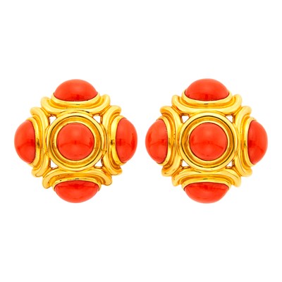 Lot 5 - Pair of Gold and Coral Earclips