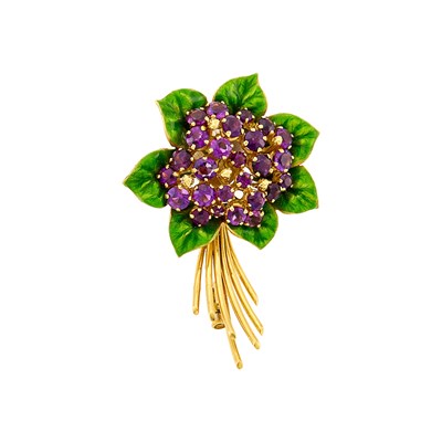 Lot 2020 - Gold, Green Enamel and Amethyst Bouquet Brooch, France