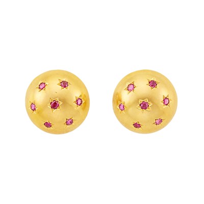 Lot 2069 - Pair of Low Karat Rose Gold and Ruby Dome Earclips