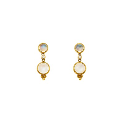 Lot 2028 - Temple St. Clair Pair of Gold, Moonstone and Diamond Pendant-Earrings