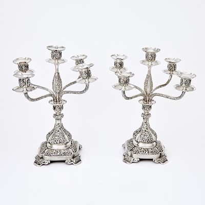 Lot 289 - Pair of Tiffany & Co. Silver Plated Five-Light Candelabra