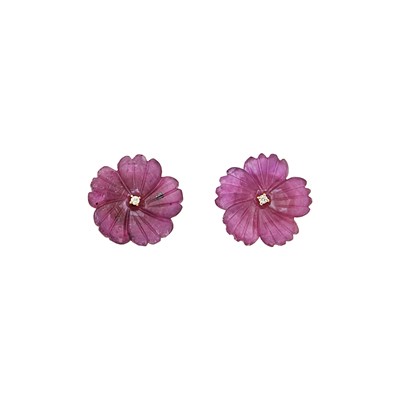 Lot 2085 - Pair of Gold, Carved Pinkish-Purple Sapphire and Diamond Flower Earrings