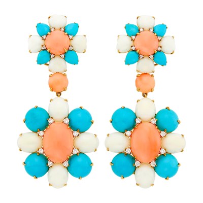 Lot 9 - Pair of Gold, Multicolored Coral, Turquoise and Diamond Pendant-Earclips