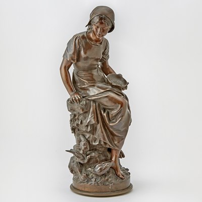 Lot 587 - French Patinated Bronze Figure of a Woman Feeding Birds