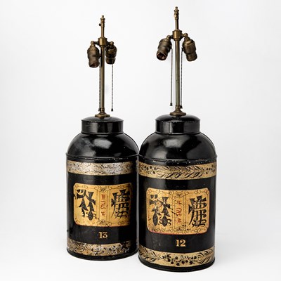 Lot 121 - Pair of Black Painted Tole Cannister Lamps
