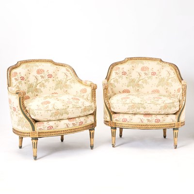 Lot 323 - Pair of Louis XVI Style Parcel Gilt and Painted Upholstered Bergères à la Reine