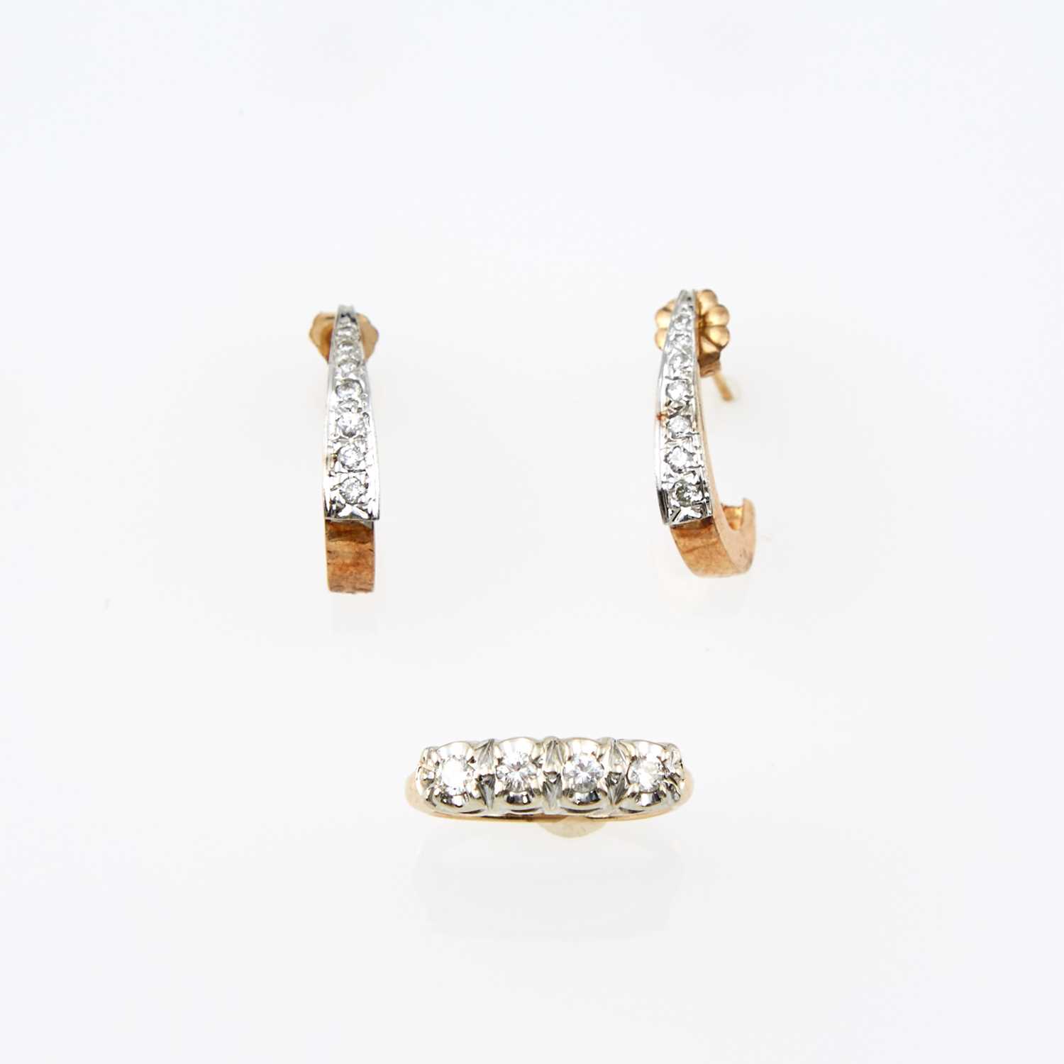 Lot 71 - Two Diamond Earrings and Ring, 18 diamonds about 0.45 ct., 14K 3 dwt.