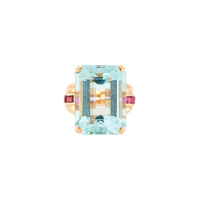 Lot 2065 - Retro Rose Gold, Aquamarine and Synthetic Ruby Ring