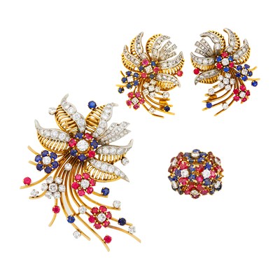 Lot 80 - Gold, Platinum, Diamond, Synthetic and Gem-Set Flower Spray Clip-Brooch and Pair of Earclips and Cluster Floret Dome Ring