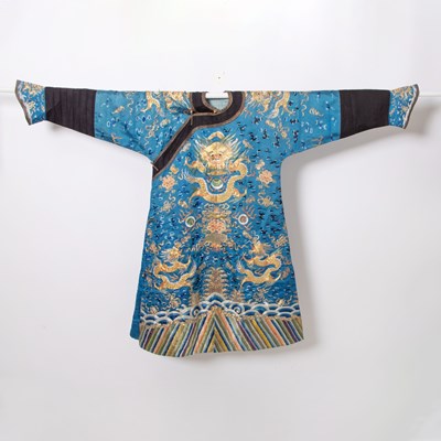 Lot 82 - A Chinese Embroidered Blue Ground Silk Dragon Robe