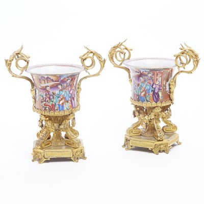 Lot 135 - Pair of Gilt-Bronze Mounted Chinese Porcelain Two-Handled Urns