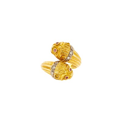 Lot 2082 - Ilias Lalaounis Two-Color Gold, Diamond and Ruby Chimera Crossover Ring