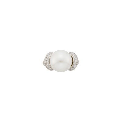 Lot 1042 - Platinum, South Sea Cultured Pearl and Diamond Ring