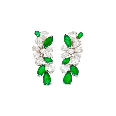 Lot 169 - Pair of Platinum, Diamond and Emerald Pendant-Earclips