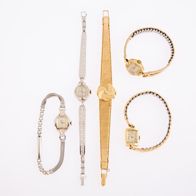Lot 1297 - Five Yellow and White Gold, Low Karat Gold, Gold-Filled and Metal Wristwatches