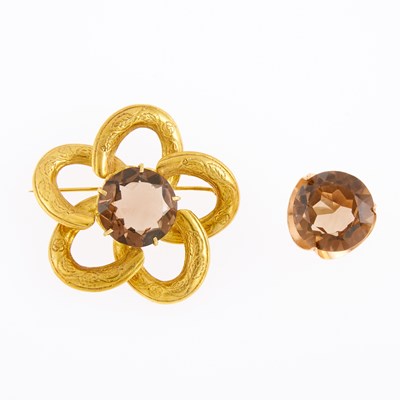 Lot 1289 - Gold, Rose Gold and Smoky Quartz Brooch and Ring