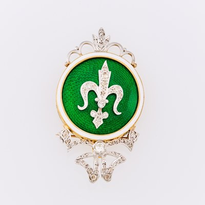 Lot 1110 - Gold, Platinum, Green Guilloché Enamel and Diamond Pendant-Brooch