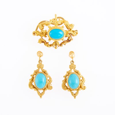 Lot 1281 - Gold and Turquoise Brooch and Pair of Pendant-Earclips