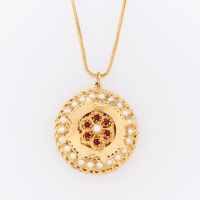 Lot 1159 - Gold, Cultured Pearl and Garnet Pendant with Gold Chain Necklace