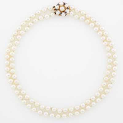 Lot 1275 - Double Strand Cultured Pearl Necklace with Gold, Cultured Pearl and Sapphire Clasp