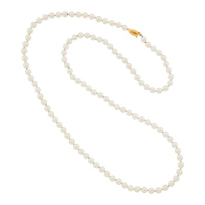 Lot 1056 - Long Cultured Pearl Necklace with Gold Clasp