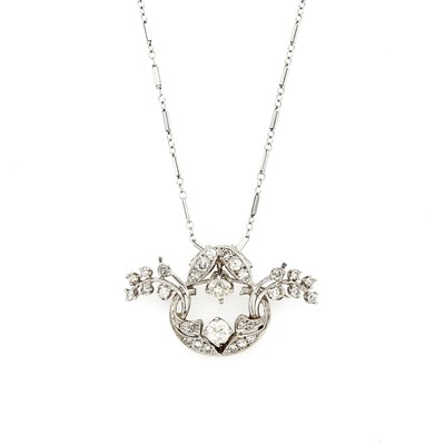 Lot 1138 - White Gold and Diamond Pendant-Brooch with Chain Necklace